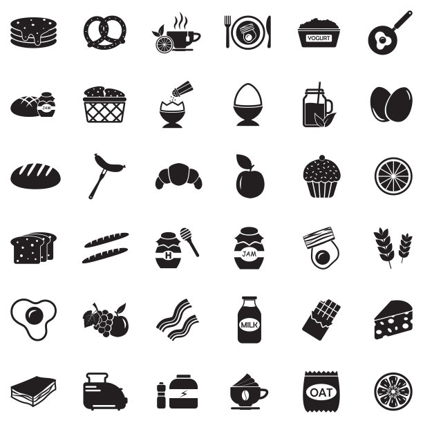 早餐图标。黑色平面设计。矢量插图。图片下载