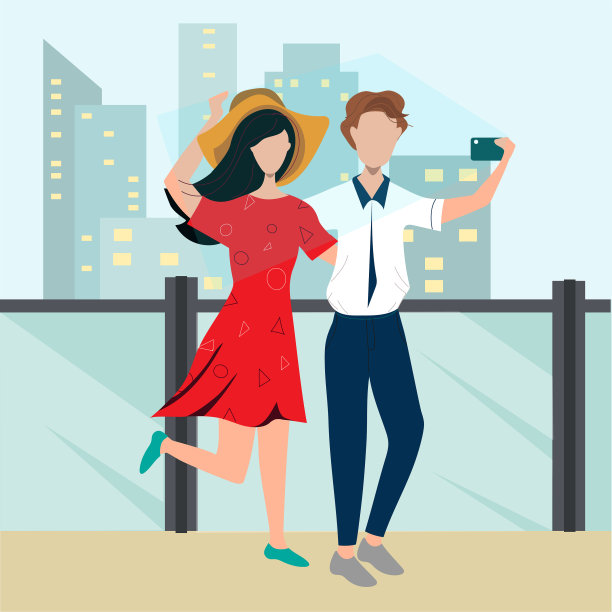 幸福的情侣正在自拍。男人和女人一起拍照。矢量插图在一个平坦的风格。背景是摩天大楼。图片下载