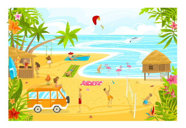 人们在海边放松享受暑假图片下载