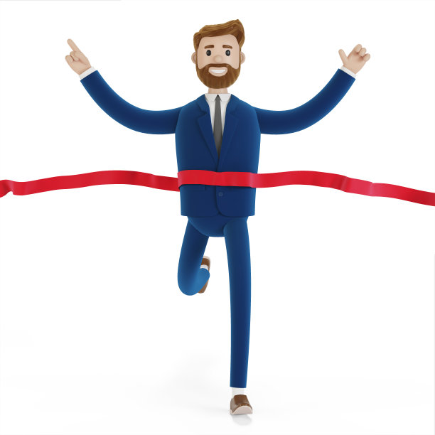 商人冲过终点线，赢得比赛。商业成功的概念。3 d演示。图片下载