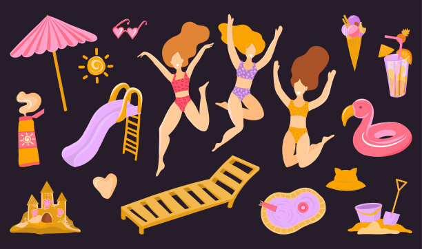 矢量可爱的夏季剪辑艺术。比基尼，防晒霜，沙滩伞，毛巾，游泳池，比基尼女郎，火烈鸟救生圈，太阳。一套明亮的夏季聚会剪贴簿或设计图片下载