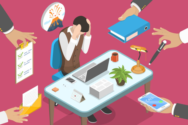 精疲力竭的办公室工作人员的三维等距平面矢量概念插图。图片下载