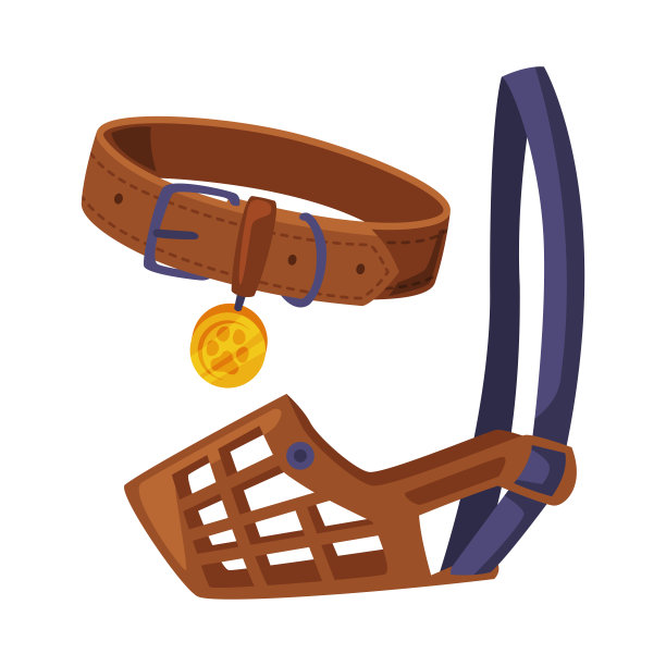 采购产品狗配件套装，宠物动物的东西，皮革狗口鼻和项圈卡通风格矢量插图图片下载