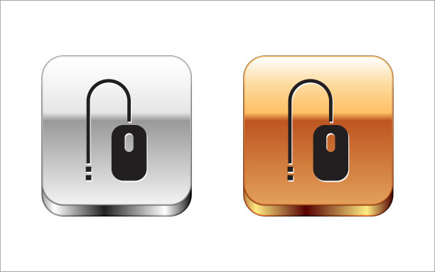 白色背景上的黑色电脑鼠标图标：带滚轮的光标符号银金色方块按钮矢量图图片下载