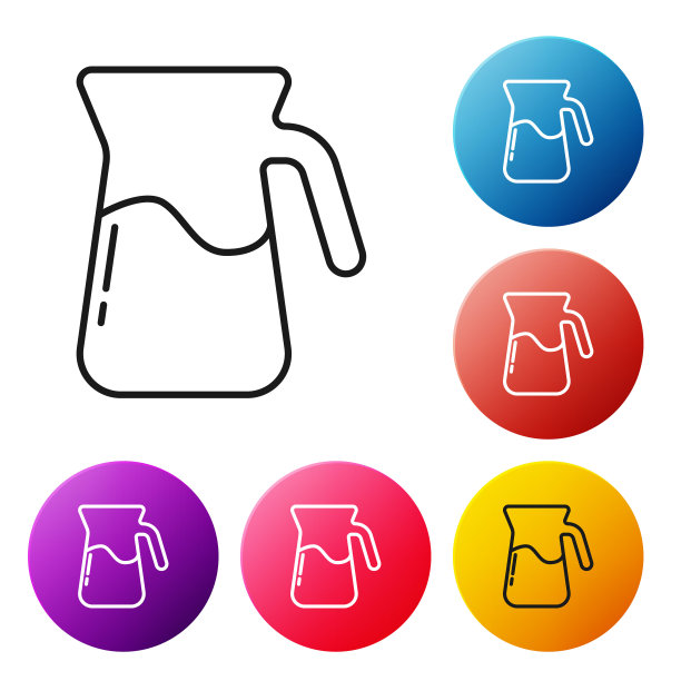 黑线水壶玻璃与水图标孤立在白色背景。水壶的水。装有饮用水的玻璃瓶。设置彩色圆形按钮图标。向量图片下载