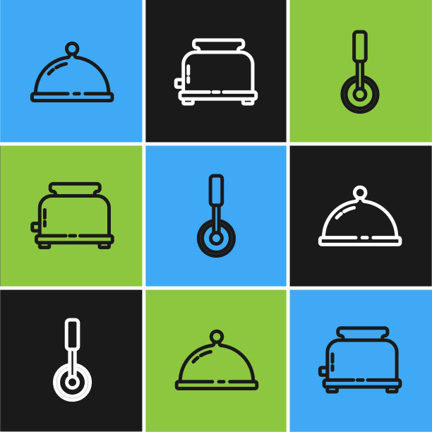 设置线覆盖托盘的食物，披萨刀和烤面包机图标。向量图片下载