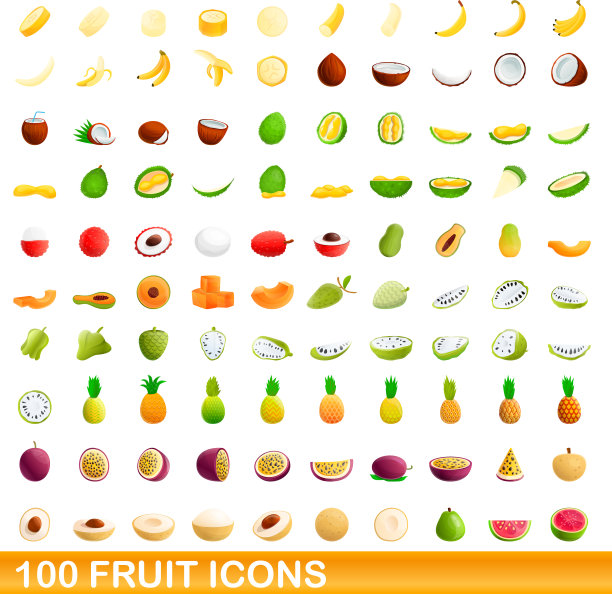 100个水果图标设置卡通风格图片下载
