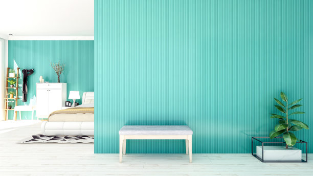 北欧风格的卧室内部有大型空墙和复制空间，3D渲染图片下载