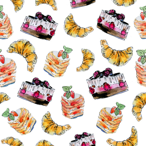 图案与蛋糕和羊角面包图片下载