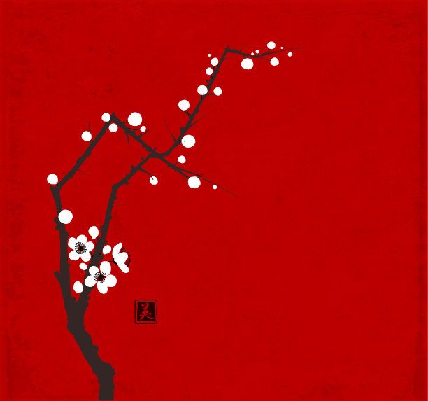 在红色背景上开花的日本樱花枝。传统的东方水墨画，墨画，墨画。象形文字——美。图片下载