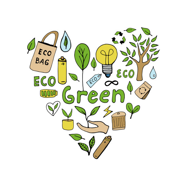 手工绘制的心形生态涂鸦卡，关于环境问题的矢量插图。草图元素设置为图形和网页设计。孤立在白色背景上。图片下载