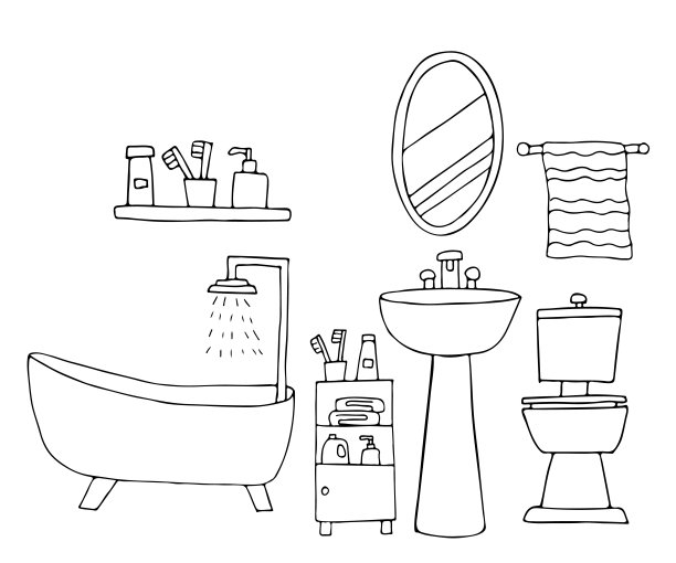 浴室涂鸦插图收藏。手动绘制的浴室图标集合在矢量。涂鸦浴室图标设置矢量图片下载