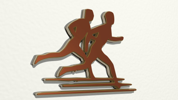 跑步者由一个闪闪发光的金属雕塑在墙上的3D插图与灯光背景。马拉松和运行图片下载