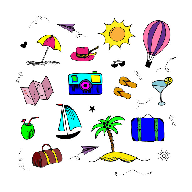 旅行涂鸦设置简单的彩色元素图片下载