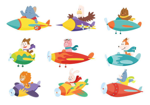 一组可爱的小动物，象，鹰，熊，狗在飞机上飞行。收集有趣的飞行员猪狐狸狮子兔子犀牛在飞机上飞行。卡通矢量图图片下载