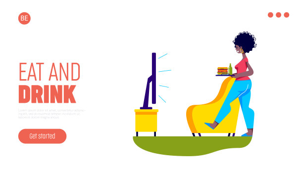 用餐在电视登陆页面设计与卡通女性拿三明治吃与看电视图片下载