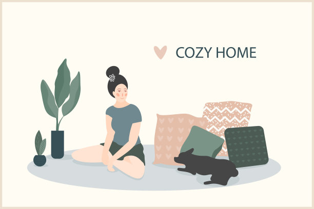 温馨的家主题手工插画。简单的女孩房间室内设计，用于家庭装饰印花，花店装饰，壁纸，包或t恤印花，艺术工作室等。图片下载