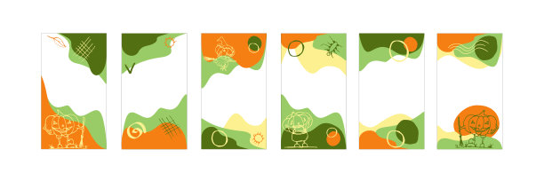矢量万圣节设计模板的社会媒体故事横幅。一套6可编辑的背景卡通风格的南瓜，树叶，蜘蛛，和几何物体。图片下载