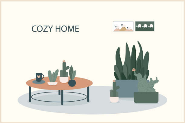舒适的家庭主题手工插图。简单的室内设计用于家庭装饰印花，花店装饰，壁纸，包或t恤印花，艺术工作室等。图片下载