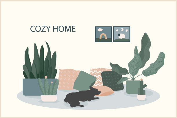 温馨的家主题手工插画。简单的室内设计，用于家居装饰印花，花店装饰，墙纸，包或t恤印花，艺术工作室等。图片下载