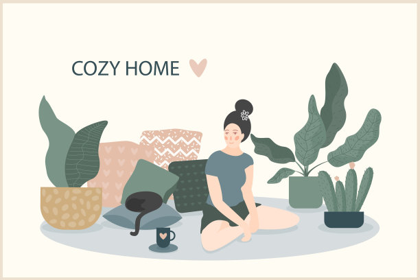 温馨的家主题手工插画。简单的女孩房间室内设计，用于家庭装饰印花，花店装饰，壁纸，包或t恤印花，艺术工作室等。图片下载