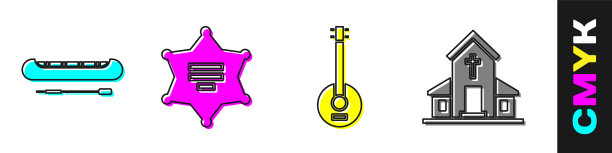 设置皮艇或独木舟和桨，六角星治安官，班卓琴和教堂建筑图标。向量图片下载