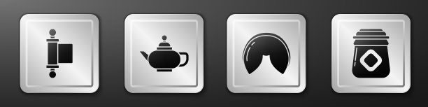 集法令，纸，羊皮纸，卷轴，中国茶道，中国幸运饼干和蜂蜜图标罐。银广场按钮。向量图片下载