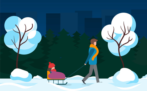 一家人在城市公园散步，孩子在雪橇上图片下载