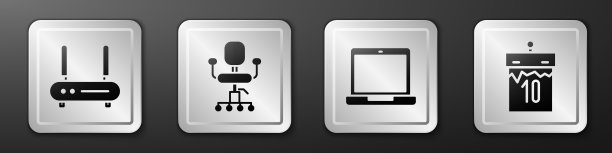 设置路由器和wi-fi信号，办公椅，笔记本电脑和日历图标。银色方形按钮。向量图片下载