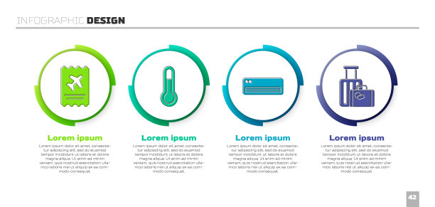 设置机票，气象温度计，空调和旅行箱。业务信息模板。向量图片下载