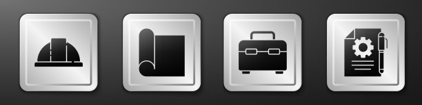 设置工人安全帽，绘图纸的工程，工具箱和文件设置和钢笔图标。银广场按钮。向量图片下载