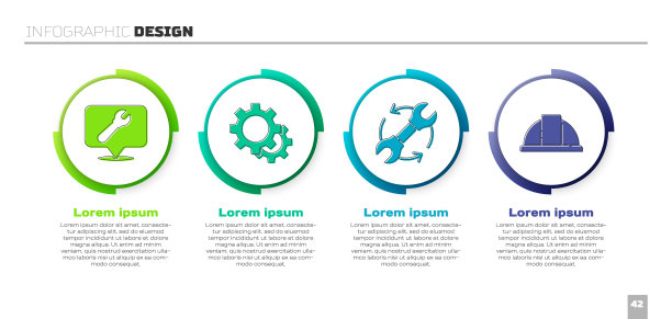用扳手、齿轮、扳手和箭头设置工作流程和工人安全帽的位置。业务信息模板。向量图片下载