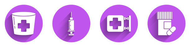 设置护士帽与十字，注射器，医院招牌和药瓶和药片图标与长影子。向量图片下载