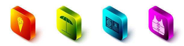 设定等距冰淇淋在华夫蛋筒，太阳保护伞为海滩，护照和救生衣图标。向量图片下载