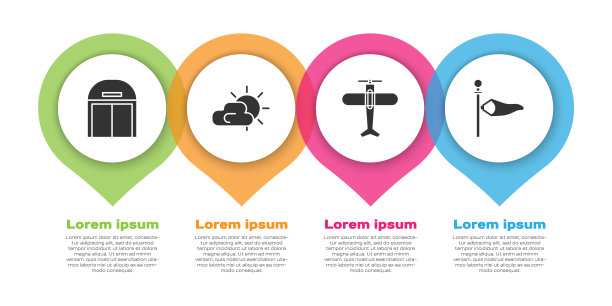 设置机库，太阳和云天气，飞机和锥形气象风向标。业务信息模板。向量图片下载