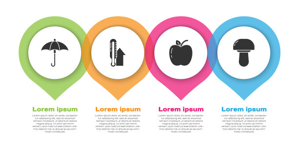 设置伞，气象温度计，苹果和蘑菇。业务信息模板。向量图片下载