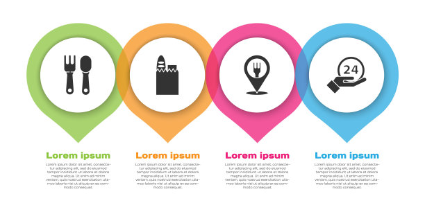 设置叉子和勺子，购物袋和食物，咖啡馆和餐厅的位置和时钟24小时。业务信息模板。向量图片下载