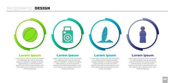 设置沙滩球，相机，冲浪板和瓶装水。业务信息模板。向量图片下载