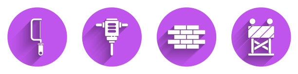 设置钢锯，电动旋转锤钻，砖和道路障碍图标与长影子。向量图片下载