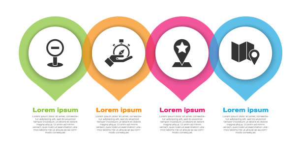 设置停止标志，指南针，地图指针与星和折叠地图与位置标记。业务信息模板。向量图片下载