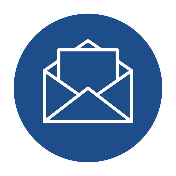 蓝色圆形打开的信封与字母轮廓图标，按钮孤立在白色的背景。图片下载