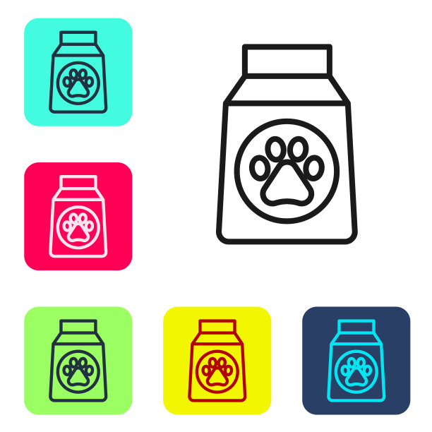 黑线袋的食物狗图标孤立在白色背景。狗或猫的爪印。动物的食物。宠物食品包装。设置图标为彩色方框按钮。向量图片下载