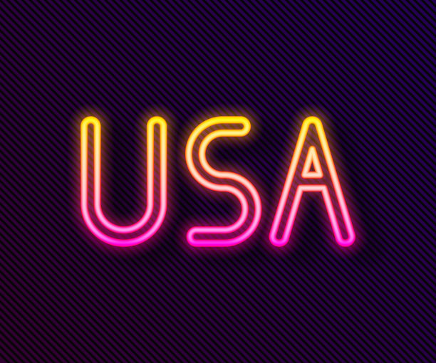 发光的霓虹灯线美国标签图标孤立在黑色的背景。美利坚合众国。矢量图图片下载