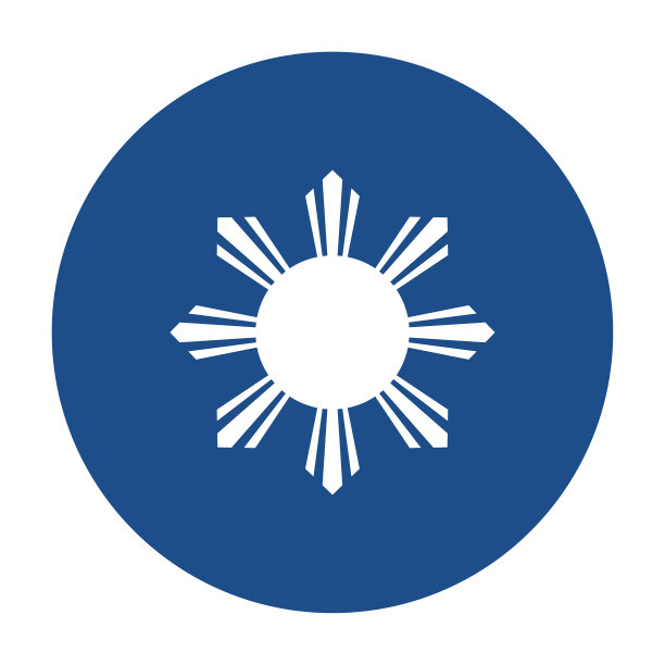 蓝色圆形八射线太阳菲律宾共和国国旗图标，按钮孤立在白色背景。图片下载