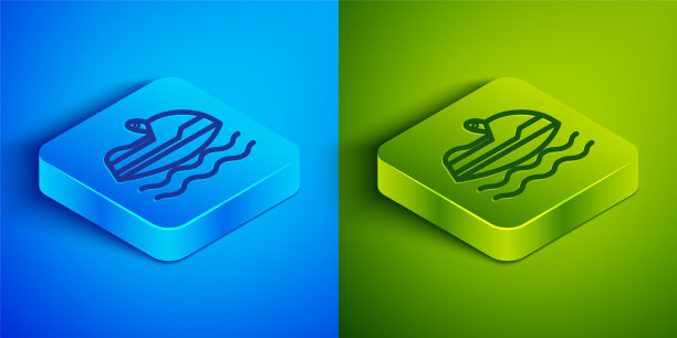 等距线喷气式滑雪图标孤立在蓝色和绿色的背景。水踏板车。极限运动。方形按钮。矢量图图片下载