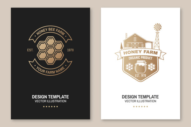 蜂蜜农场海报，传单，模板。向量。复古的排版设计与蜂窝件和美国农场剪影。复古设计的蜜蜂农场业务图片下载