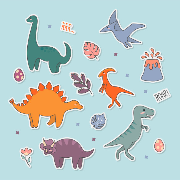 可爱恐龙贴纸系列，不同类型的史前动物，可爱的儿童插画。图片下载