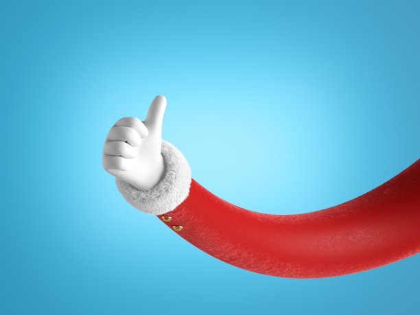 3d渲染，比如手势。圣诞老人的手竖起大拇指，穿着红袖，戴着白手套。有趣的卡通人物。圣诞剪辑艺术孤立在蓝色背景图片下载