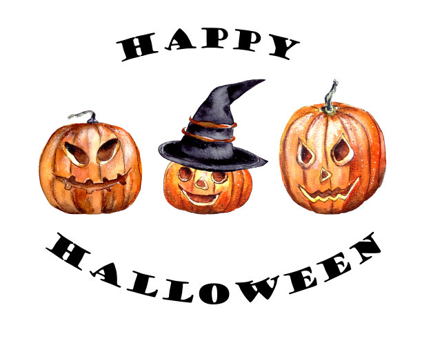 水彩插图。一个彩旗花环，三个南瓜，头上戴着一顶女巫帽，他们有着不同的情感。题字:万圣节快乐。孤立在白色背景上图片下载