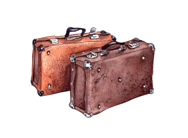 手绘水彩插图。地板上放着一个老式的紧闭的棕色皮箱。孤立的图片下载